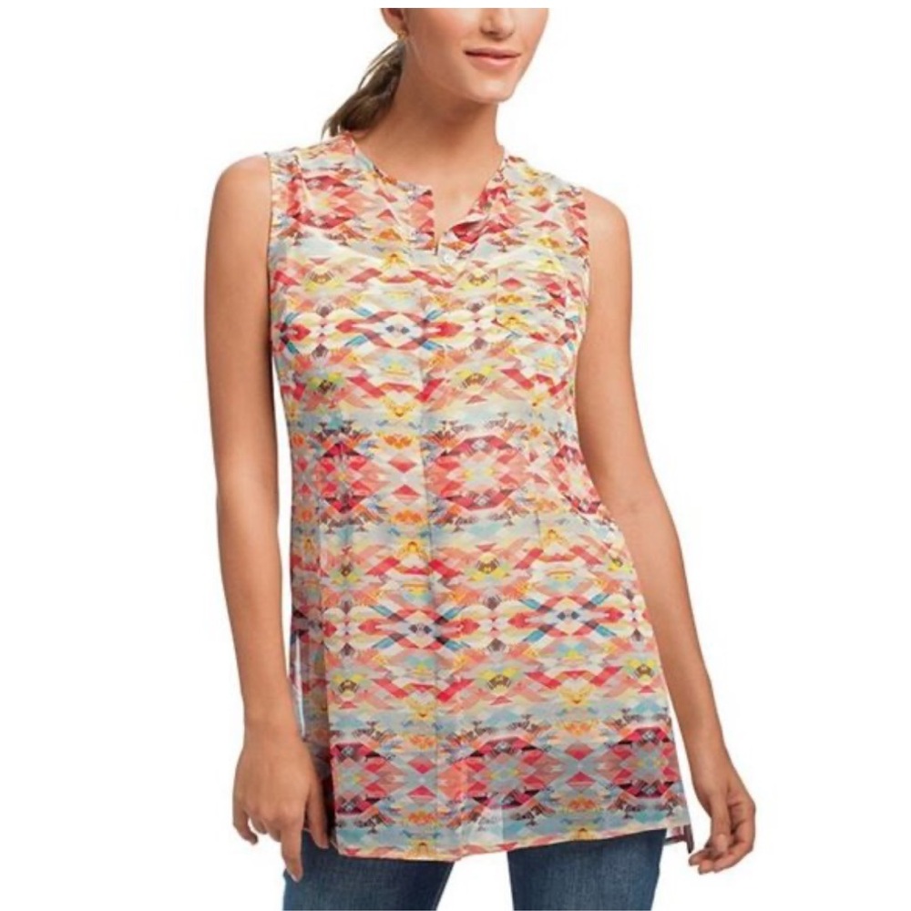 Cabi AVERY Tunic Sleeveless Top 760 Sheer Geometric Print Medium